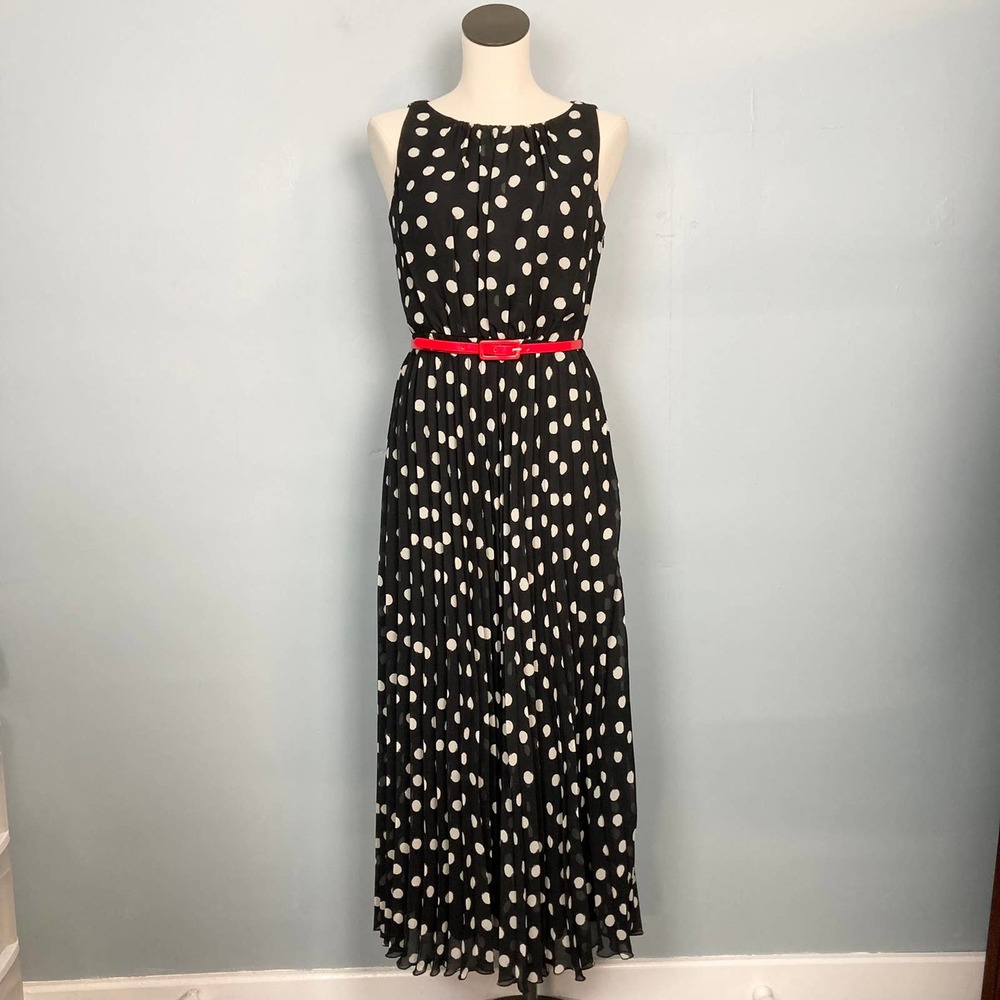 Christopher & Banks Black White Dot Accordion Pleated Maxi Dress Size 6 Red Belt